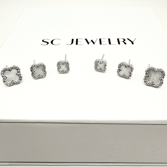 Mother of Pearl & Silver Clover Earrings Set 6 Pc Silver Plated - Picture 3 of 7